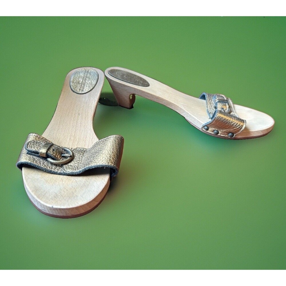Burberry Metallic Gold Pebble Leather Wood Sandal Slipper Slide EU 37 US 6.5-7